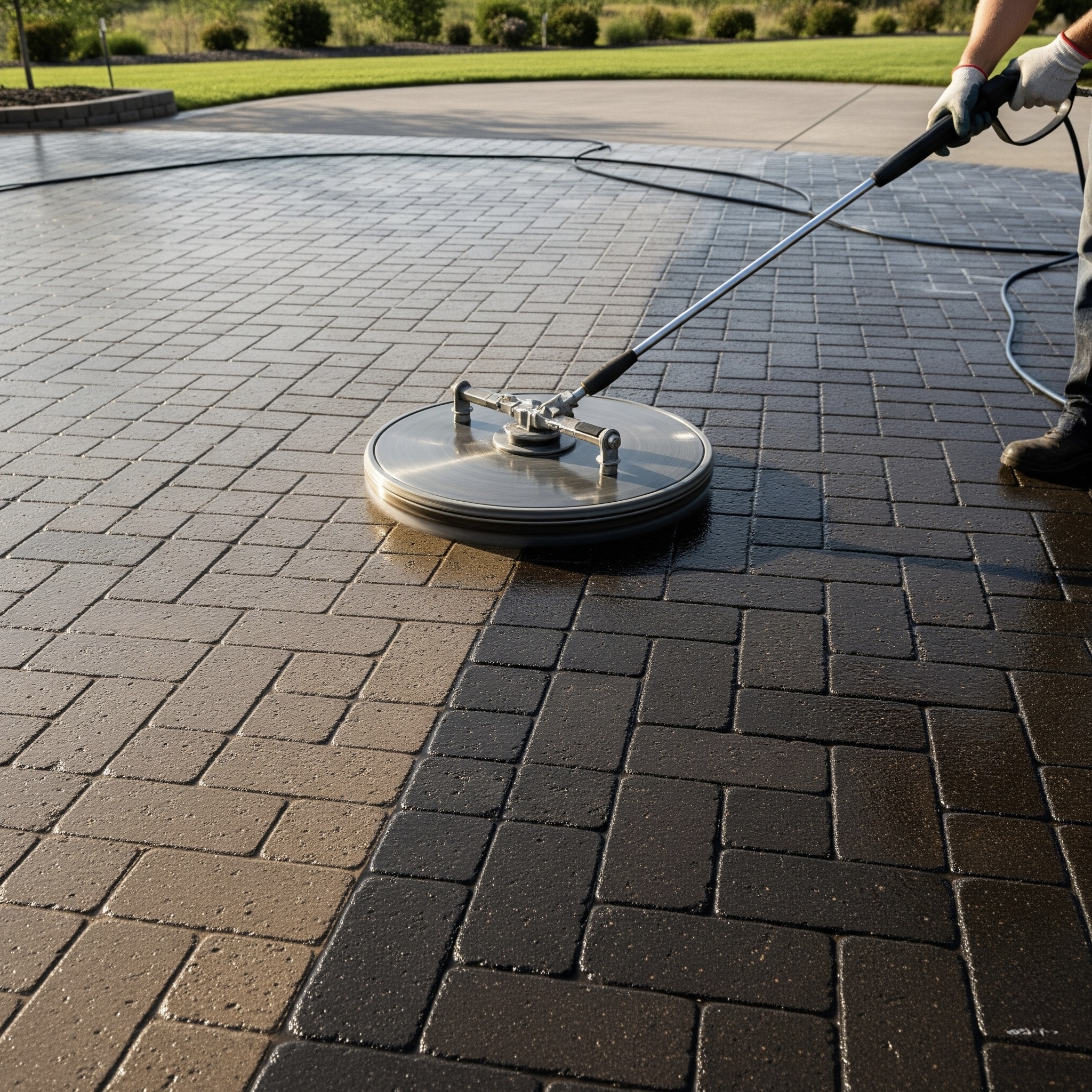 Professional surface cleaner removing years of buildup from brick pavers
