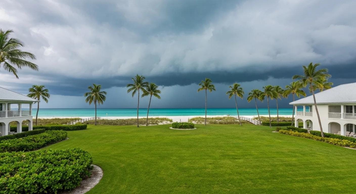 Dramatic storm clouds over beautiful coastal homes showing climate challenges